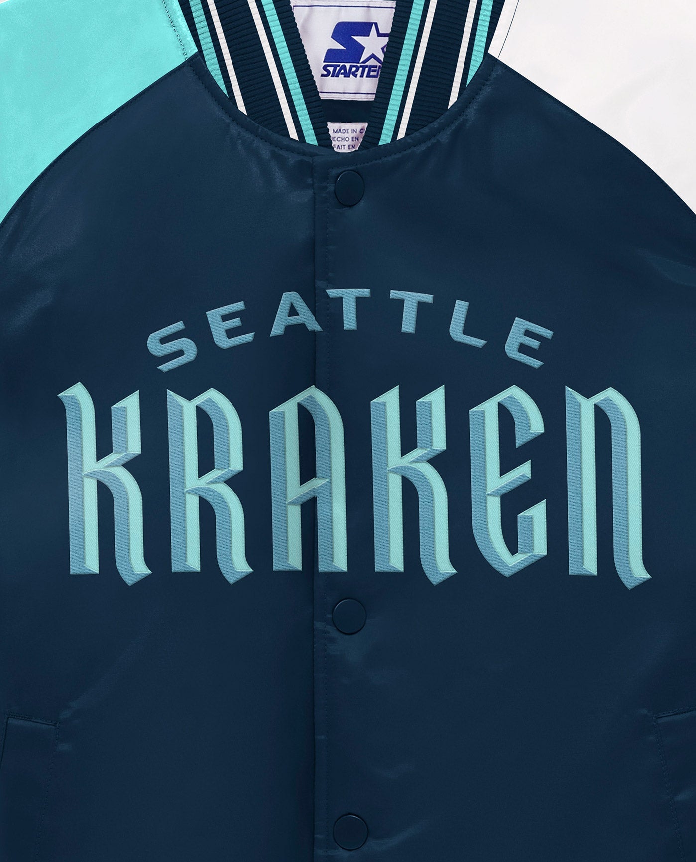 Side View of Starter Navy Youth Seattle Kraken Varsity Satin Full-Snap Starter Jacket | STR SEATTLE KRAKEN NAVY