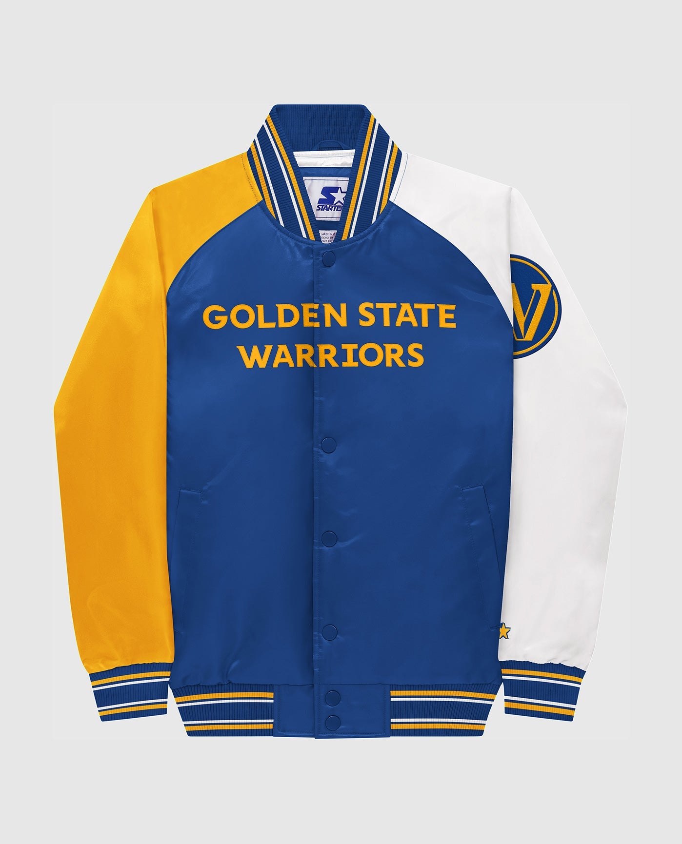 Front View of Starter Blue Youth Golden State Warriors Varsity Satin Full-Snap Starter Jacket | STR GOLDEN STATE WARRIORS BLUE