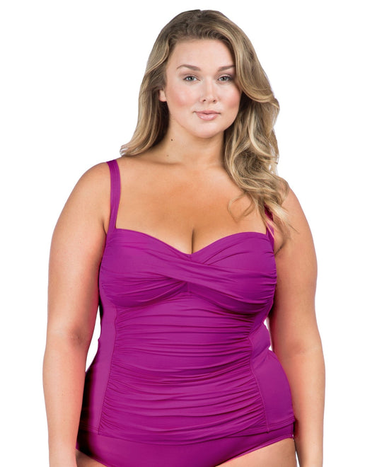 Front View of La Blanca Purple Plus Size Twist Front Tankini Top | LAB PURPLE