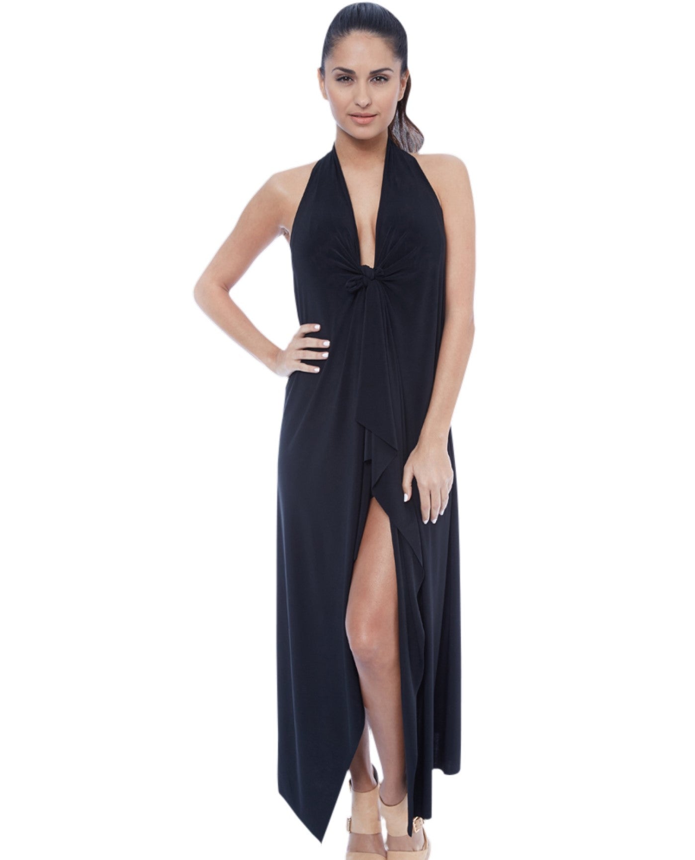 Front View of 7-In-1 Wrapit Black Long Beach Dress Cover Up | WRA BLACK