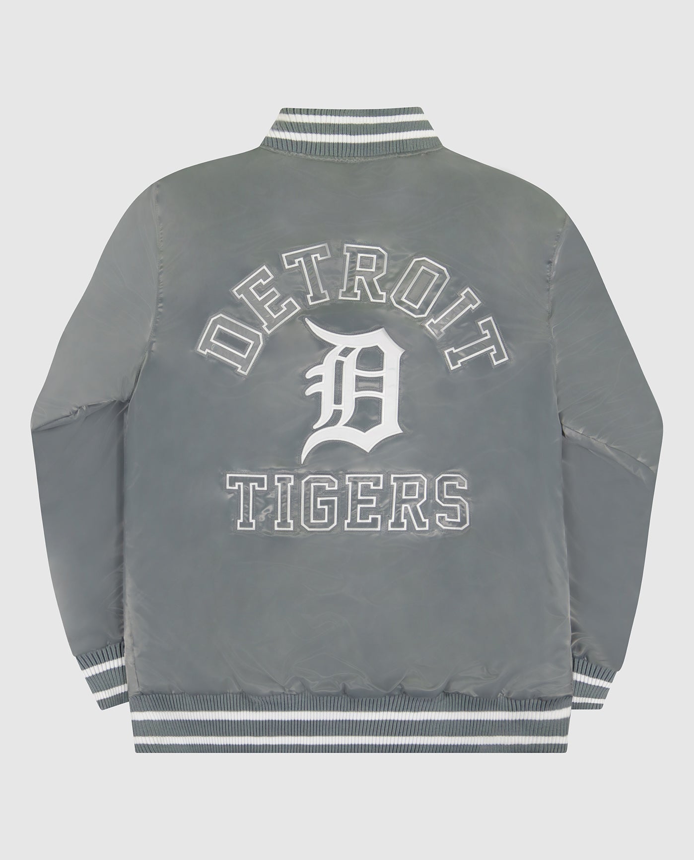 Back View of Starter Silver Detroit Tigers Varsity Satin Full-Snap Starter Jacket | STR DETROIT TIGERS SILVER