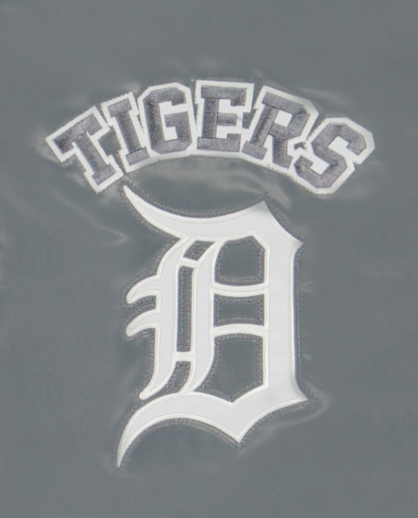 Side View of Starter Silver Detroit Tigers Varsity Satin Full-Snap Starter Jacket | STR DETROIT TIGERS SILVER