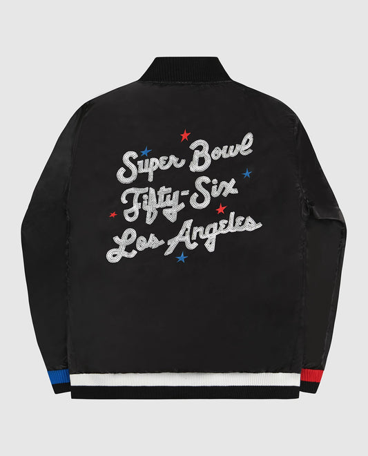 Back View of Starter Black Super Bowl Lvi Varsity Satin Full-Snap Starter Jacket | STR SUPER BOWL LVI BLACK