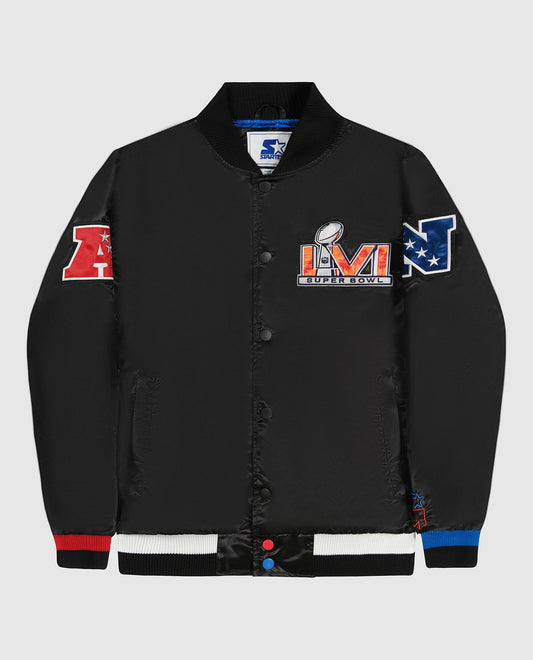 Front View of Starter Black Super Bowl Lvi Varsity Satin Full-Snap Starter Jacket | STR SUPER BOWL LVI BLACK