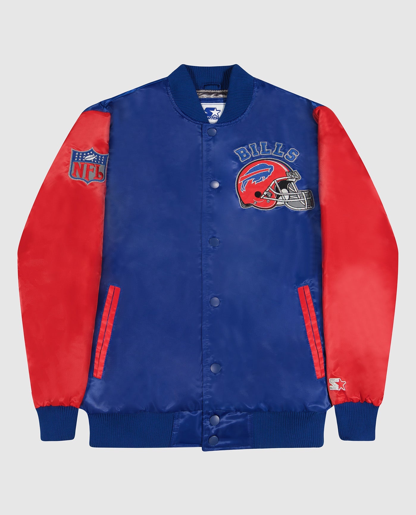 Front View of Starter Blue Buffalo Bills Varsity Satin Full-Snap Starter Jacket | STR BUFFALO BILLS BLUE