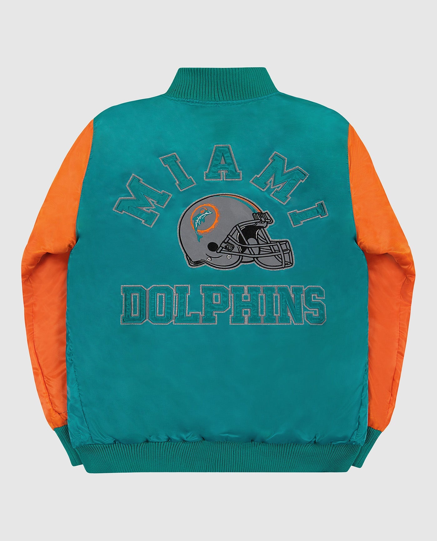 Back View of Starter Aqua Miami Dolphins Varsity Satin Full-Snap Starter Jacket | STR MIAMI DOLPHINS AQUA