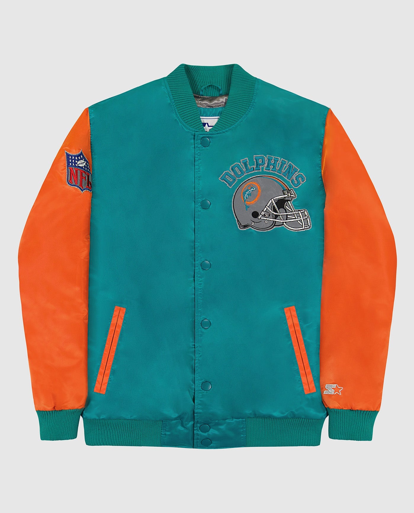 Front View of Starter Aqua Miami Dolphins Varsity Satin Full-Snap Starter Jacket | STR MIAMI DOLPHINS AQUA