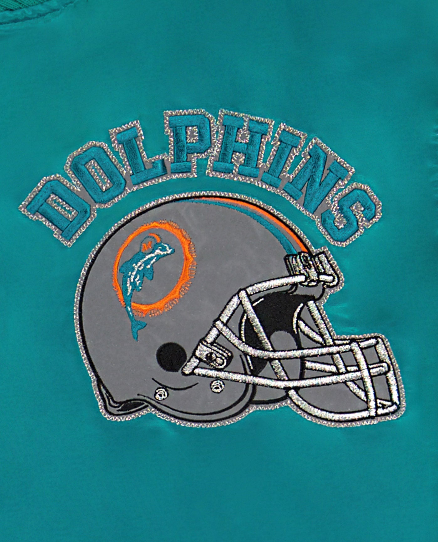 Detail View of Starter Aqua Miami Dolphins Varsity Satin Full-Snap Starter Jacket | STR MIAMI DOLPHINS AQUA