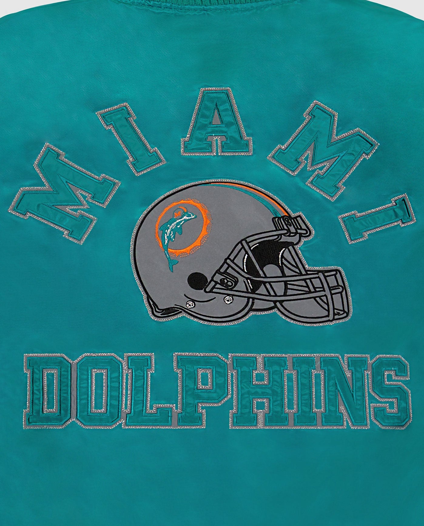Detail View of Starter Aqua Miami Dolphins Varsity Satin Full-Snap Starter Jacket | STR MIAMI DOLPHINS AQUA