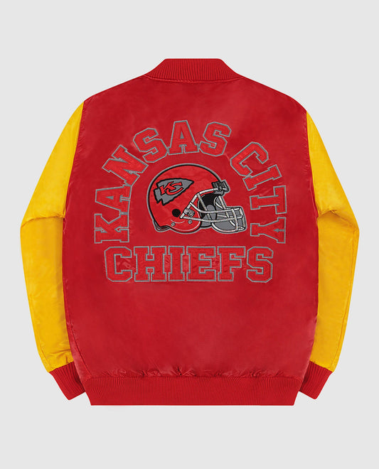 Back View of Starter Red Kansas City Chiefs Varsity Satin Full-Snap Starter Jacket | STR KANSAS CITY CHIEFS RED