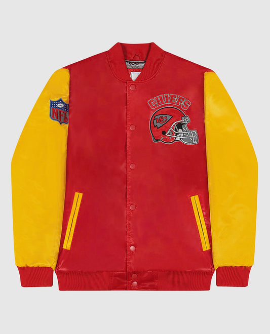 Front View of Starter Red Kansas City Chiefs Varsity Satin Full-Snap Starter Jacket | STR KANSAS CITY CHIEFS RED