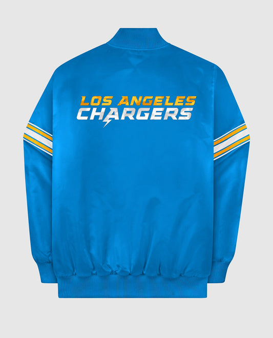 Back View of Starter Light Blue Los Angeles Chargers Satin Full-Snap Starter Jacket | STR LOS ANGELES CHARGERS LIGHT BLUE