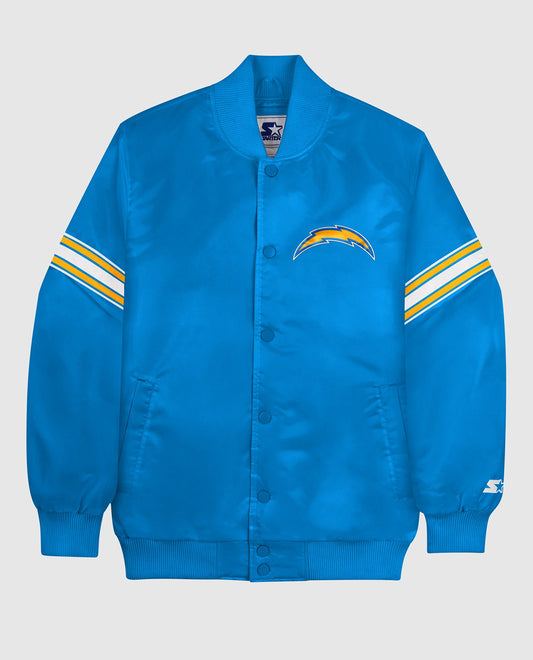 Front View of Starter Light Blue Los Angeles Chargers Satin Full-Snap Starter Jacket | STR LOS ANGELES CHARGERS LIGHT BLUE