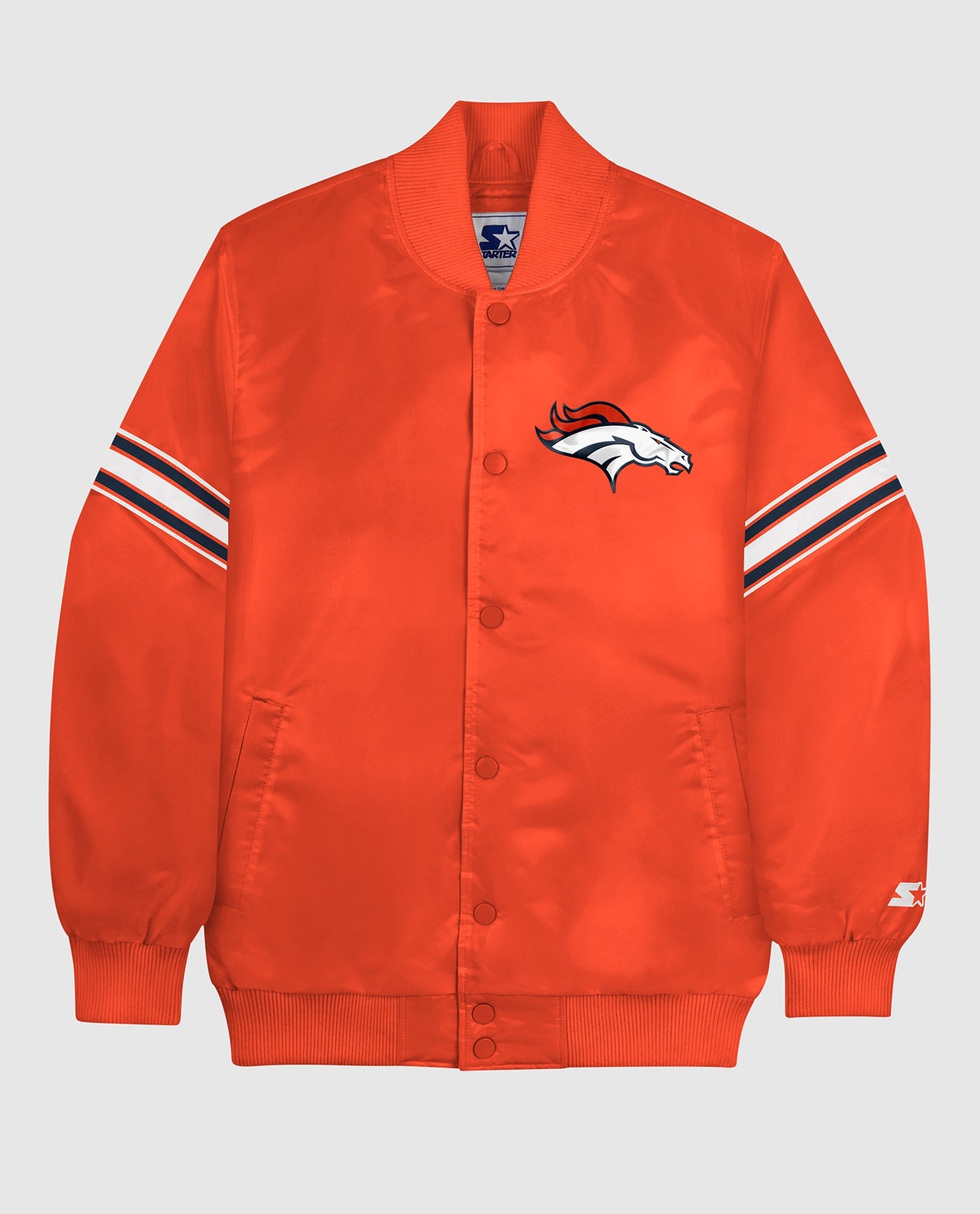 Front View of Starter Orange Denver Broncos Satin Full-Snap Starter Jacket | STR DENVER BRONCOS ORANGE