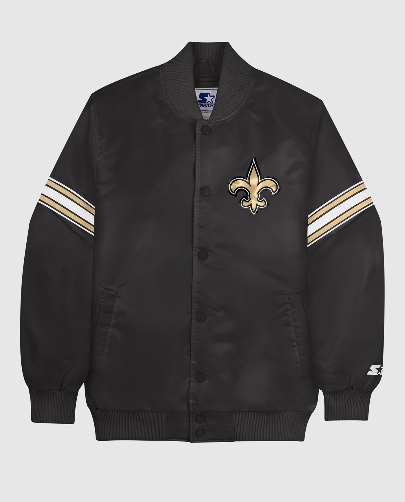Front View of Starter Black New Orleans Saints Satin Full-Snap Starter Jacket | STR NEW ORLEANS SAINTS BLACK