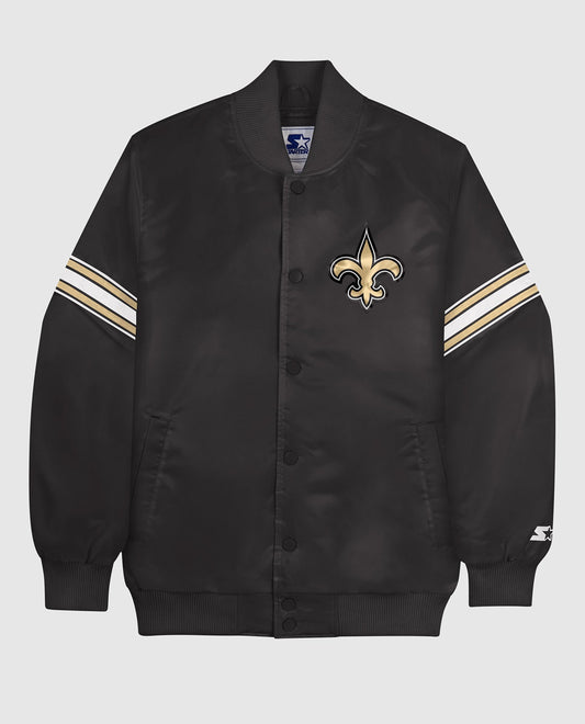Front View of Starter Black New Orleans Saints Satin Full-Snap Starter Jacket | STR NEW ORLEANS SAINTS BLACK