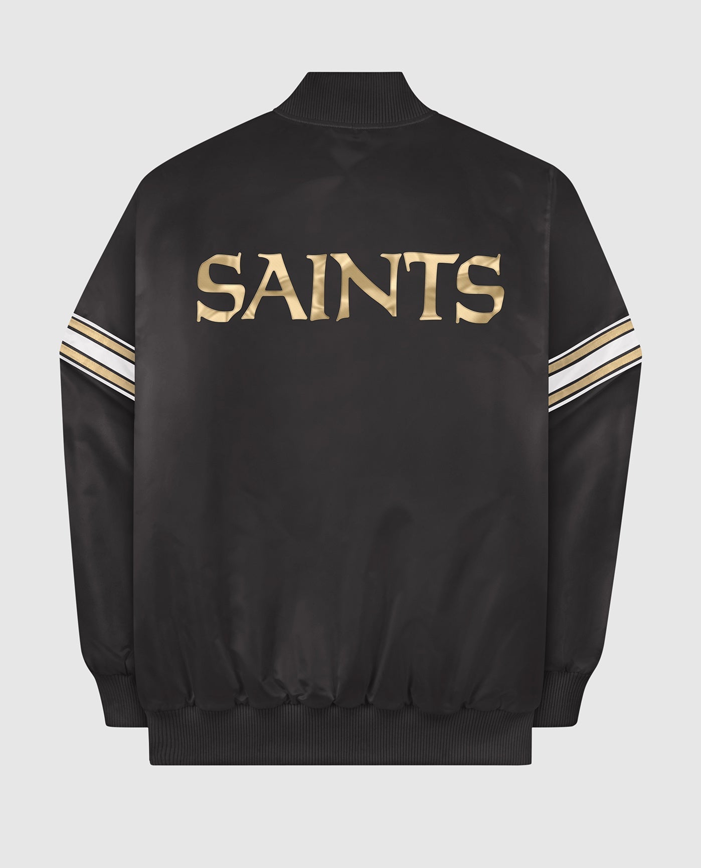 Back View of Starter Black New Orleans Saints Satin Full-Snap Starter Jacket | STR NEW ORLEANS SAINTS BLACK