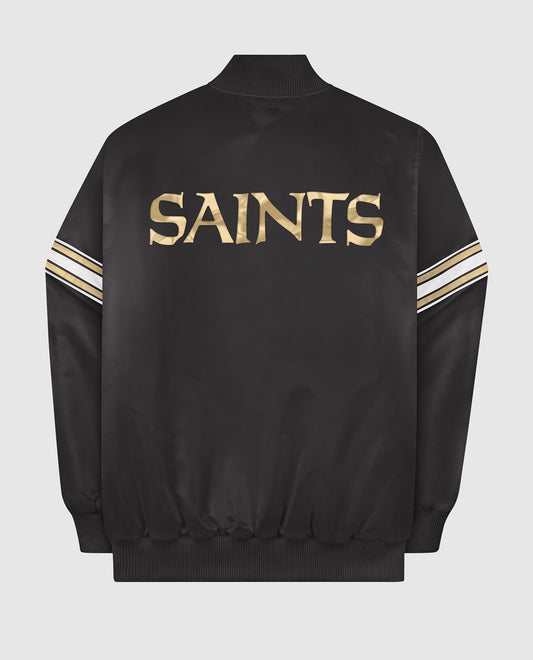 Back View of Starter Black New Orleans Saints Satin Full-Snap Starter Jacket | STR NEW ORLEANS SAINTS BLACK