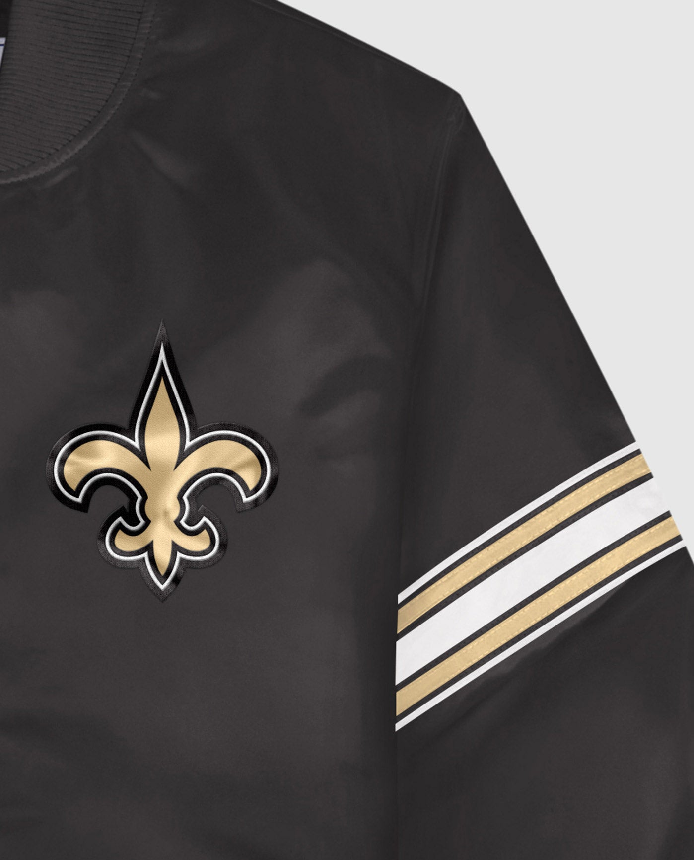 Detail View of Starter Black New Orleans Saints Satin Full-Snap Starter Jacket | STR NEW ORLEANS SAINTS BLACK