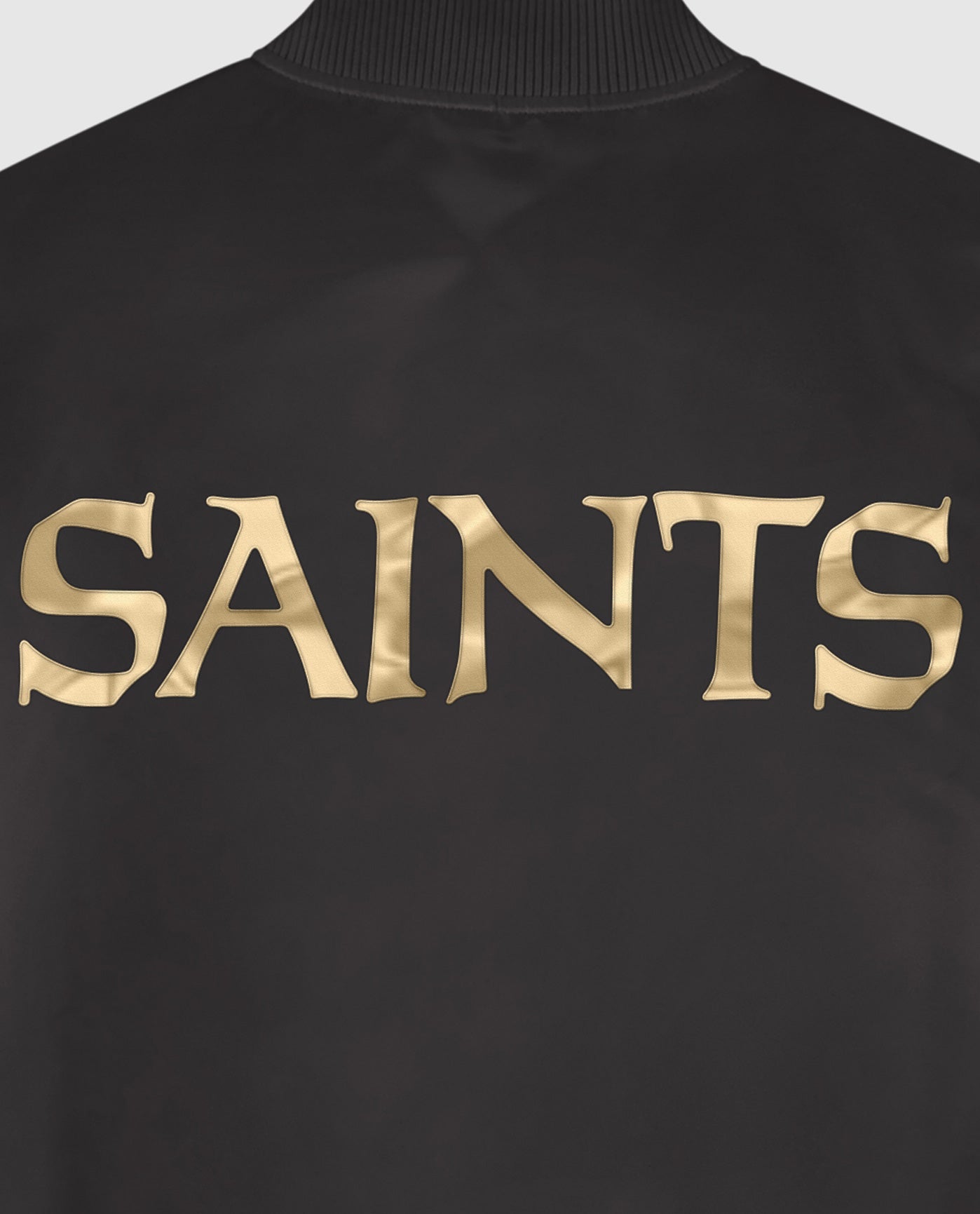 Detail View of Starter Black New Orleans Saints Satin Full-Snap Starter Jacket | STR NEW ORLEANS SAINTS BLACK