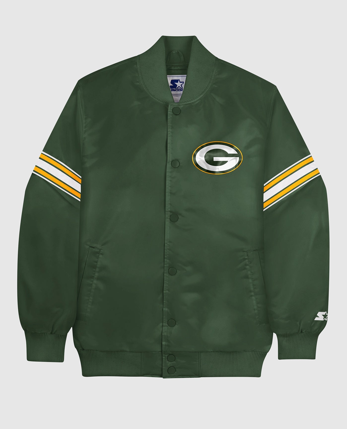 Front View of Starter Green Green Bay Packers Satin Full-Snap Starter Jacket | STR GREEN BAY PACKERS GREEN