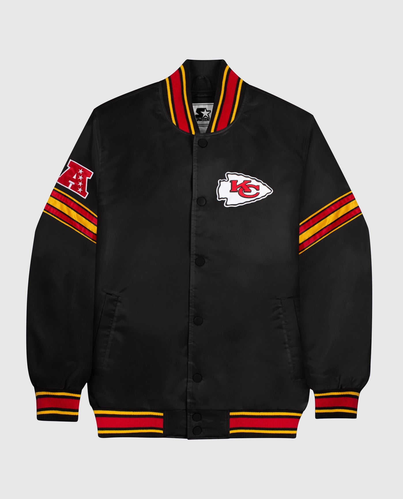 Front View of Starter Black Kansas City Chiefs Satin Full-Snap Starter Jacket | STR KANSAS CITY CHIEFS BLACK