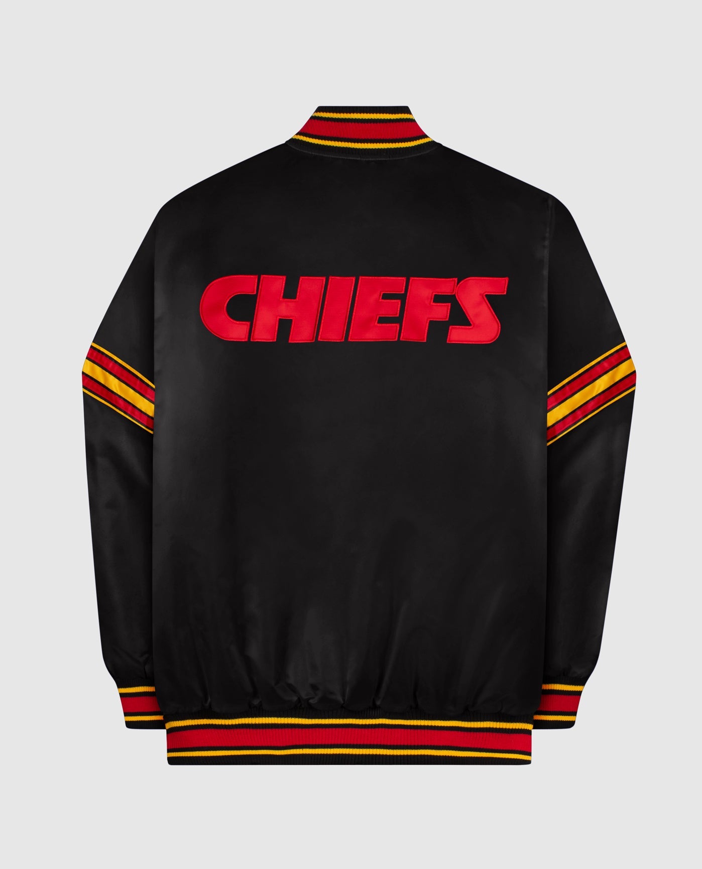 Back View of Starter Black Kansas City Chiefs Satin Full-Snap Starter Jacket | STR KANSAS CITY CHIEFS BLACK