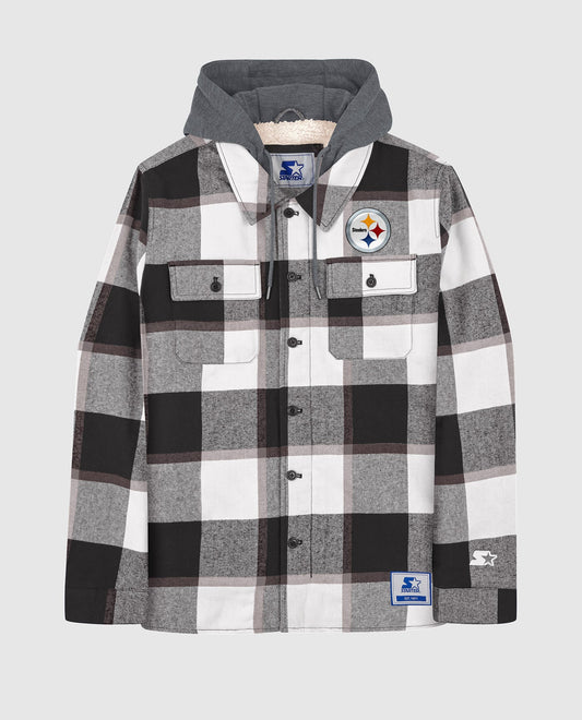 Front View of Starter Black Pittsburgh Steelers Sherpa Lined Plaid Starter Jacket | STR PITTSBURGH STEELERS BLACK