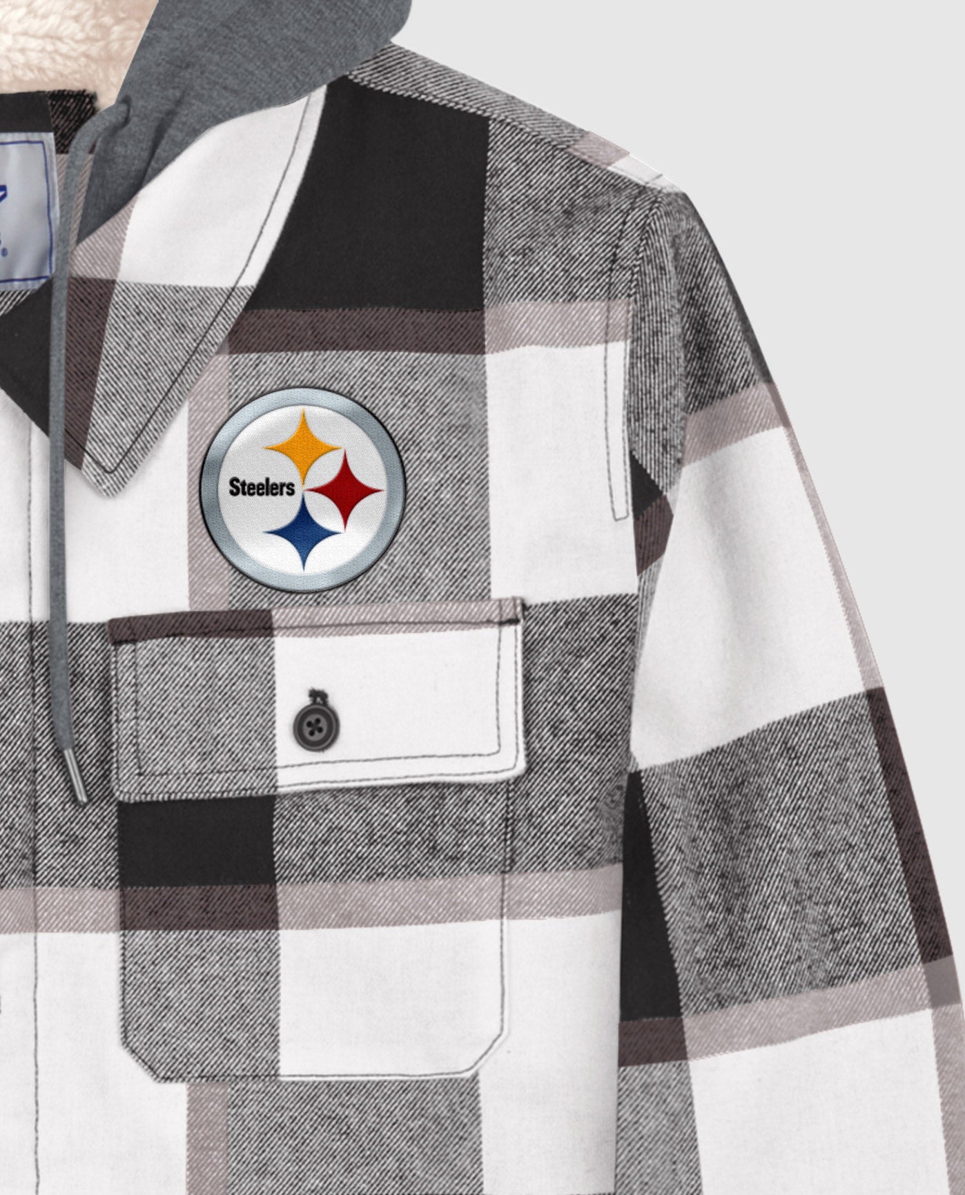 Detail View of Starter Black Pittsburgh Steelers Sherpa Lined Plaid Starter Jacket | STR PITTSBURGH STEELERS BLACK