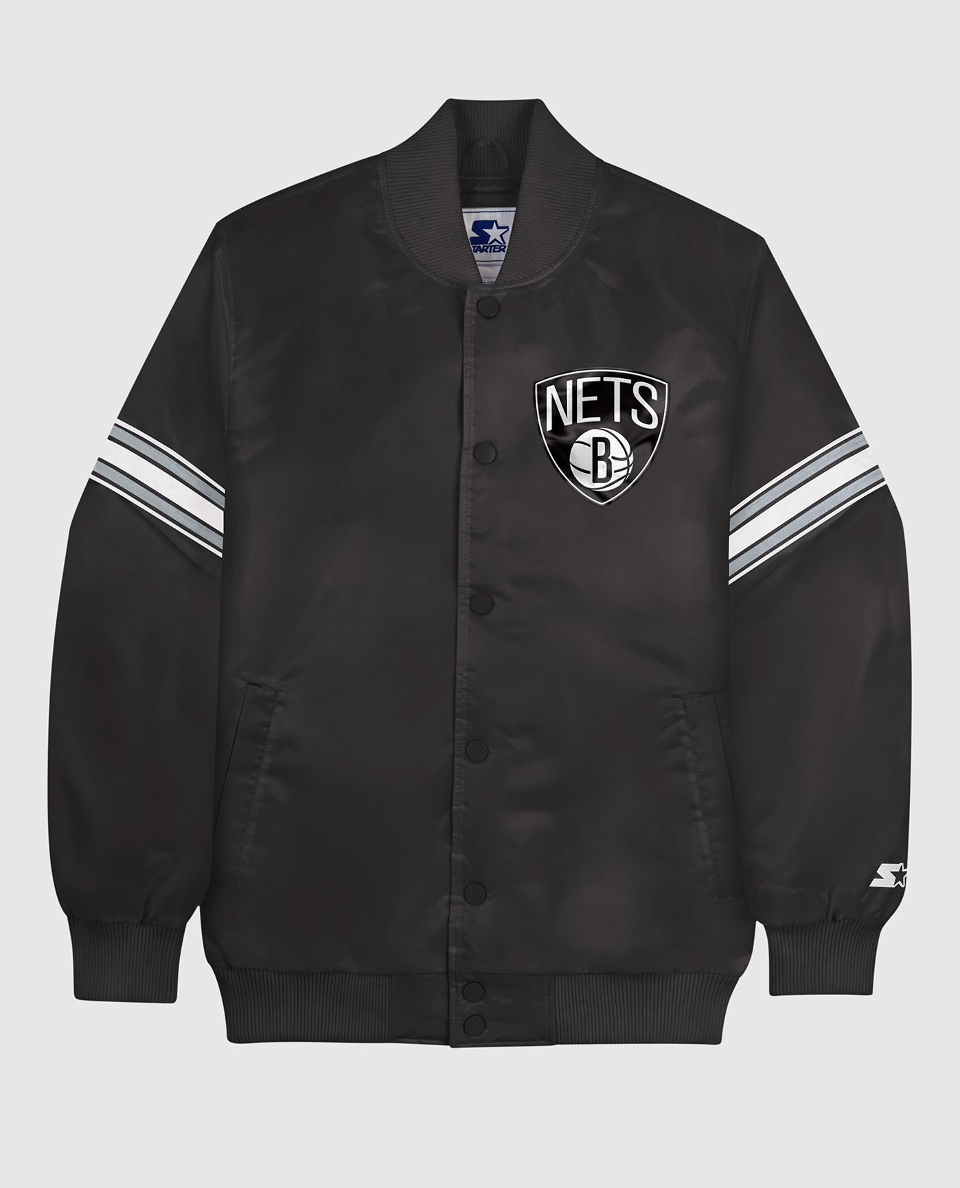 Front View of Starter Black Brooklyn Nets Satin Full-Snap Starter Jacket | STR BROOKLYN NETS BLACK