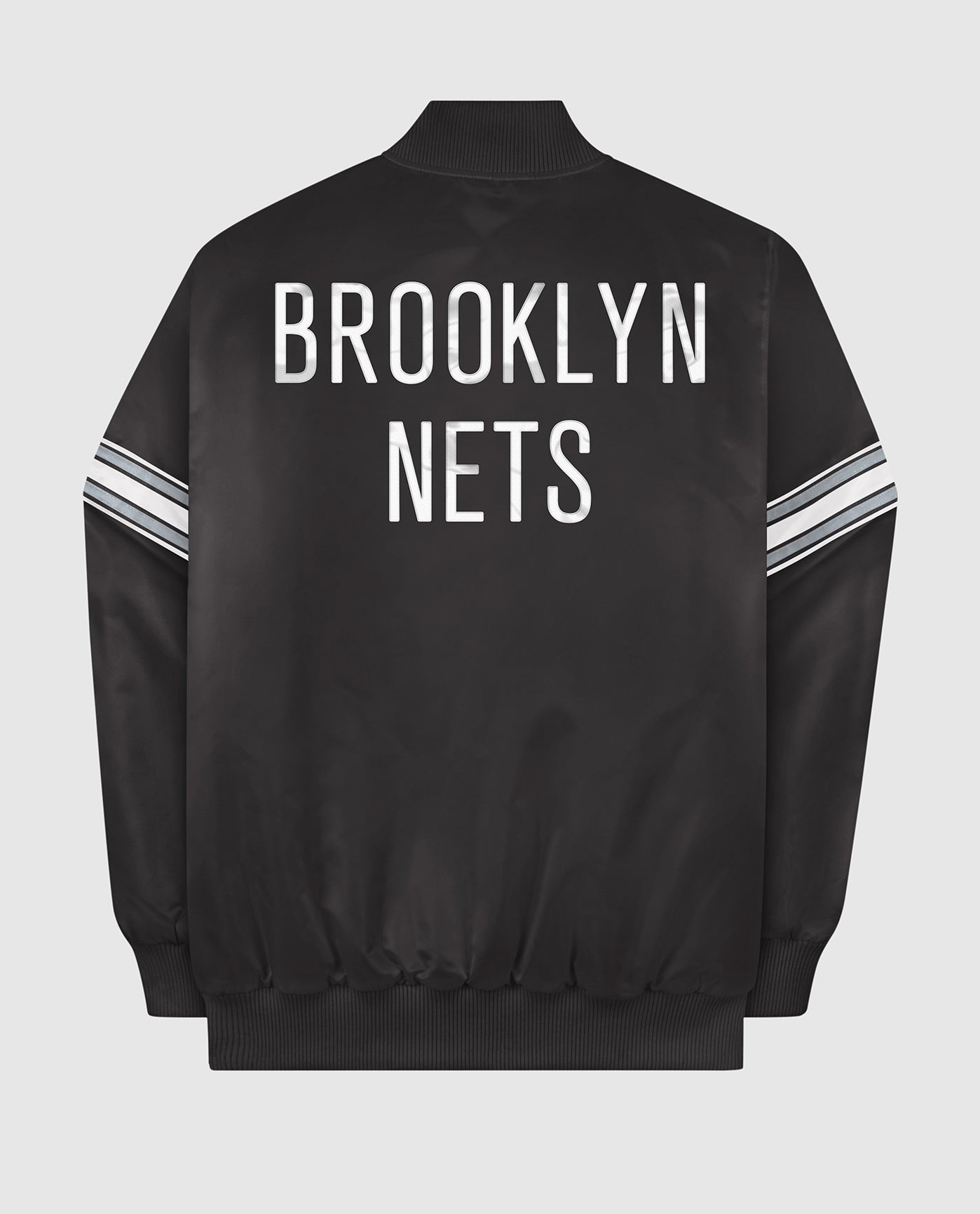 Back View of Starter Black Brooklyn Nets Satin Full-Snap Starter Jacket | STR BROOKLYN NETS BLACK
