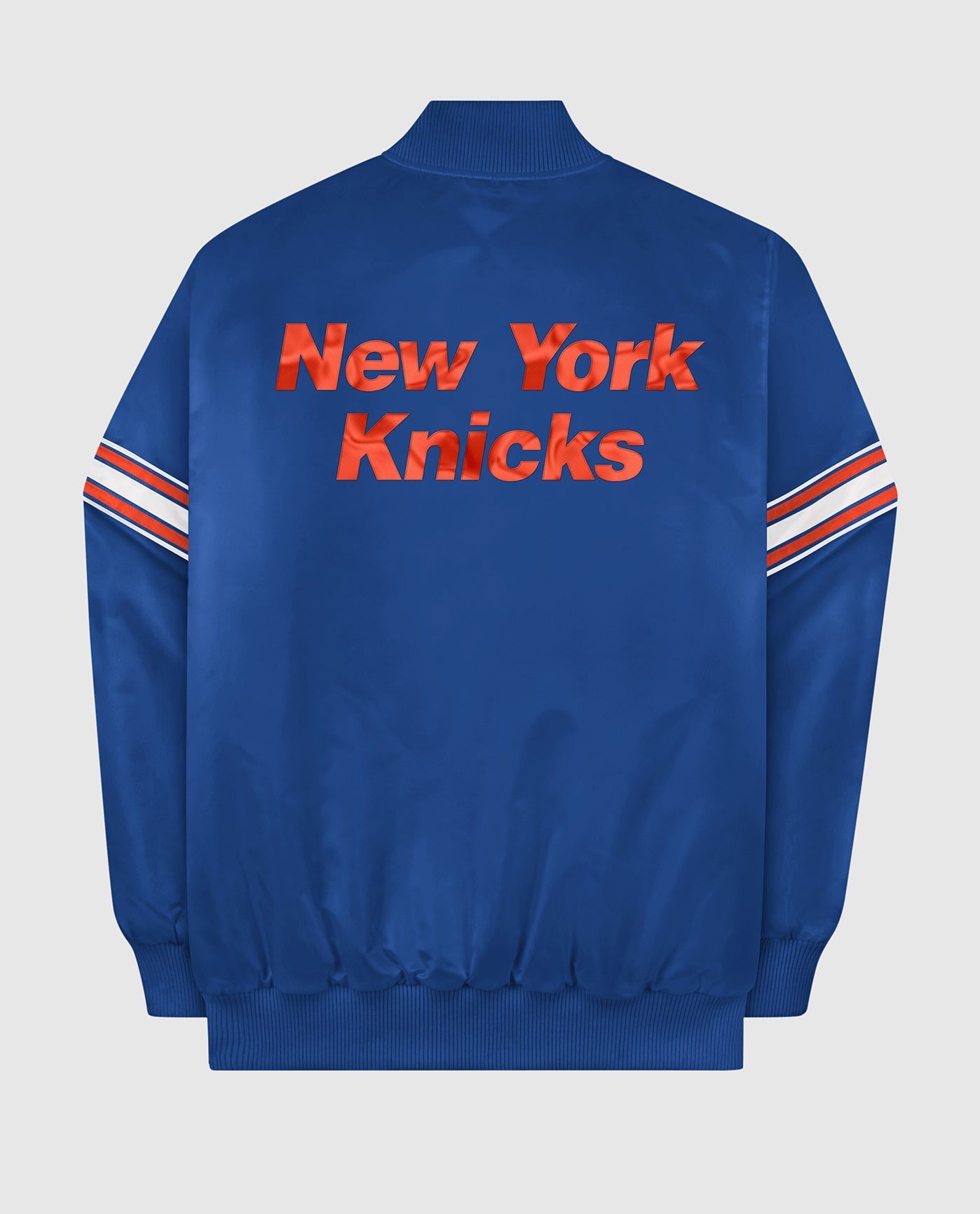 Back View of Starter Blue New York Knicks Satin Full-Snap Starter Jacket | STR NEW YORK KNICKS BLUE