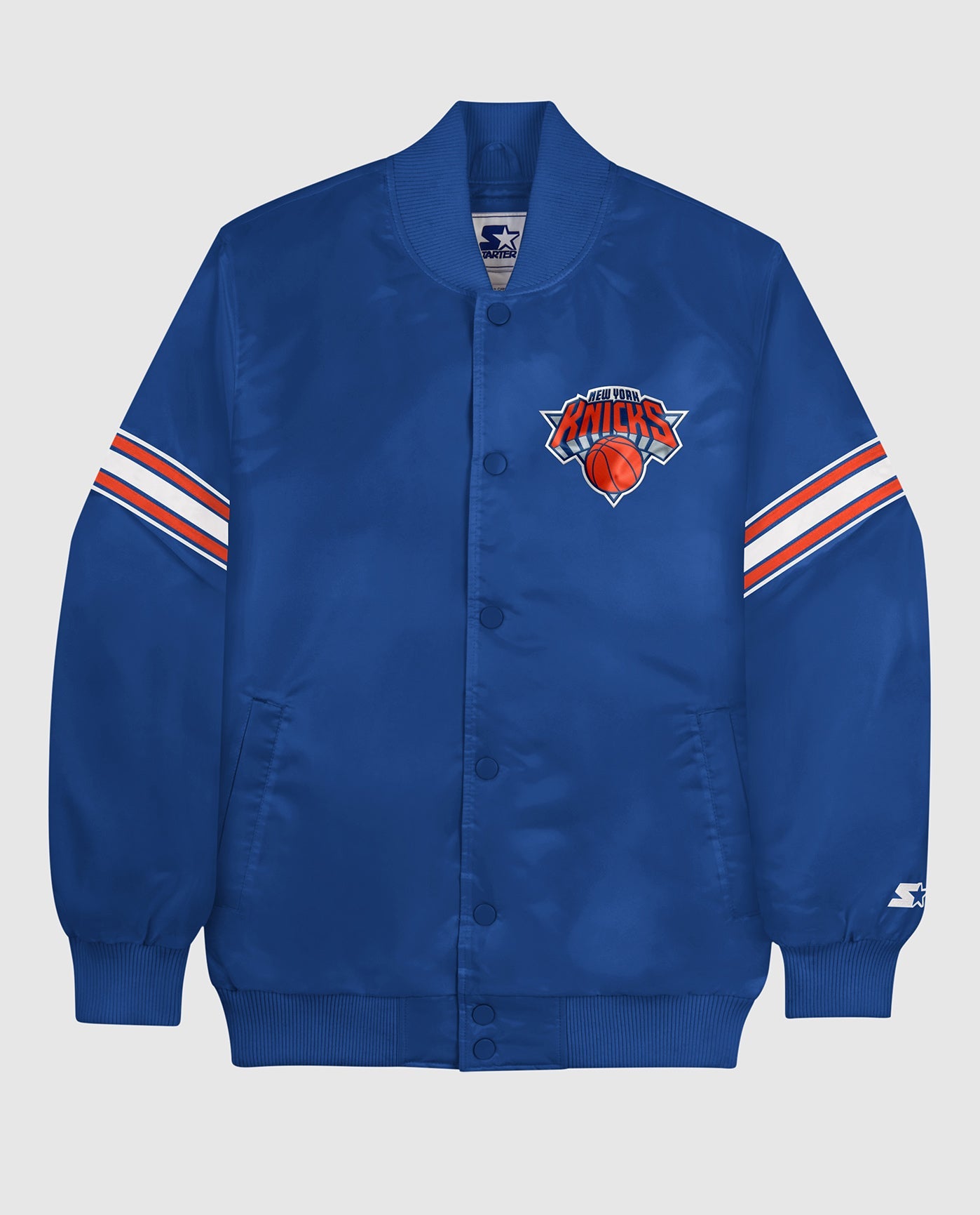 Front View of Starter Blue New York Knicks Satin Full-Snap Starter Jacket | STR NEW YORK KNICKS BLUE