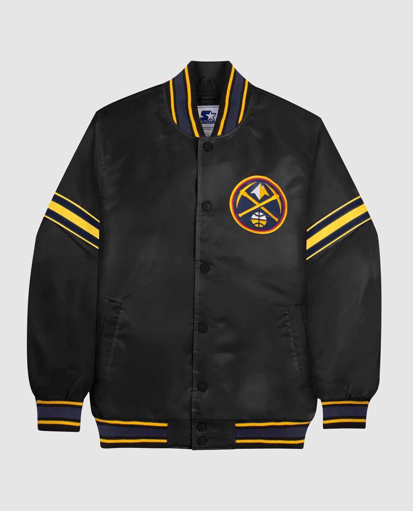 Front View of Starter Black Denver Nuggets Satin Full-Snap Starter Jacket | STR DENVER NUGGETS BLACK