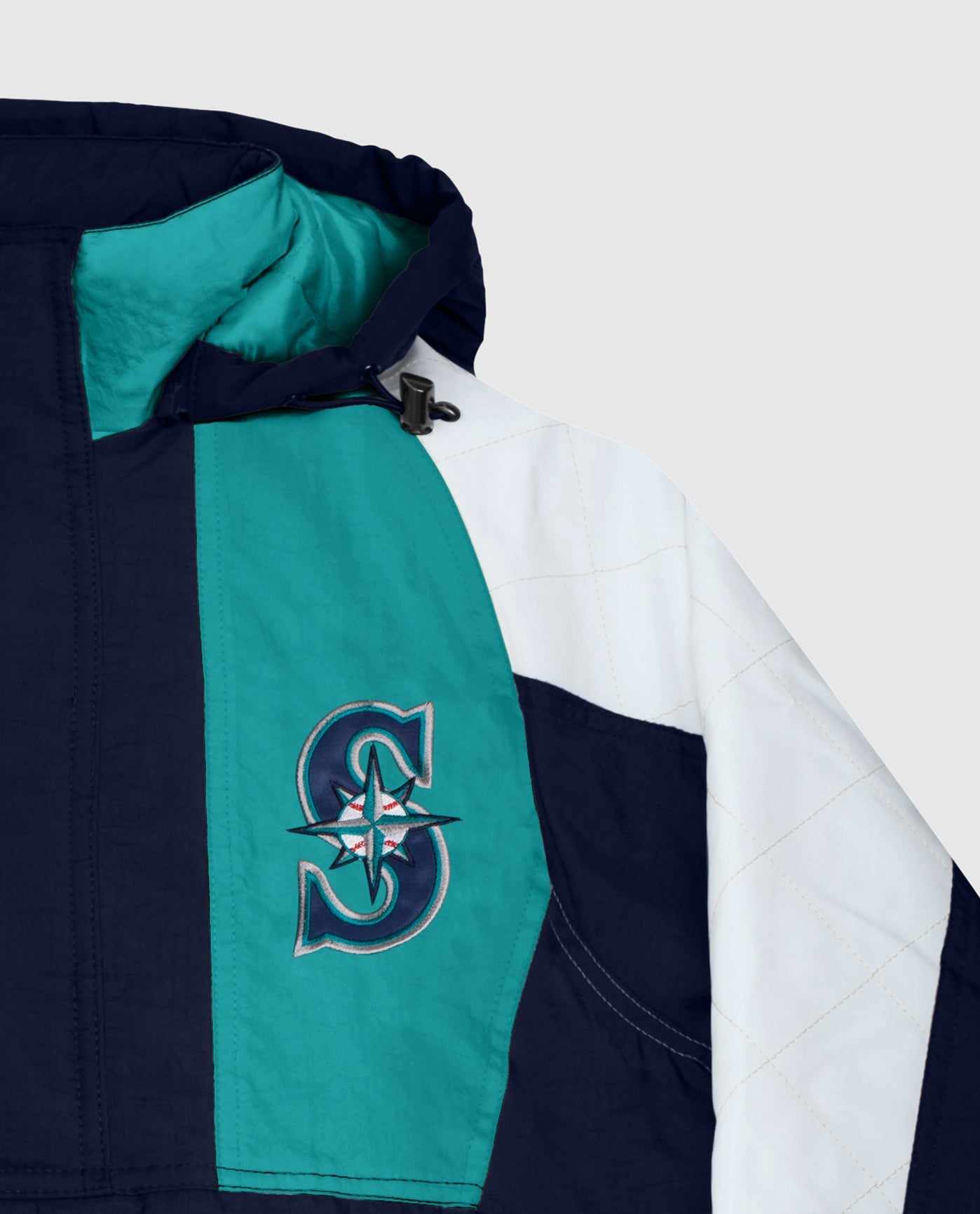 Detail View of Starter Black Seattle Mariners Hooded Nylon Half-Zip Starter Jacket | STR SEATTLE MARINERS BLACK
