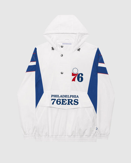 Front View of Starter White Philadelphia 76Ers Home Team Half-Zip Starter Jacket | STR PHILADELPHIA 76ERS WHITE