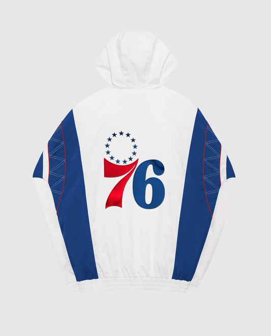 Back View of Starter White Philadelphia 76Ers Home Team Half-Zip Starter Jacket | STR PHILADELPHIA 76ERS WHITE