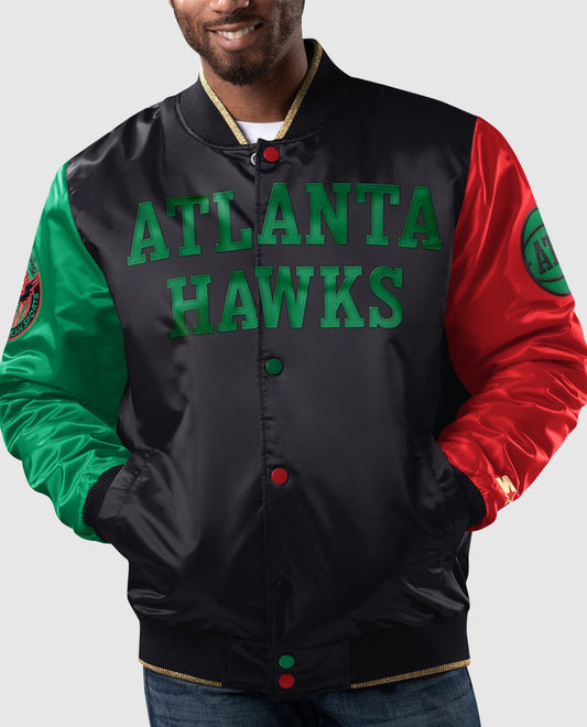 Front View of Starter Black Atlanta Hawks Black History Month Quilted Lining Starter Satin Full-Snap Jacket | STR ATLANTA HAWKS BLACK