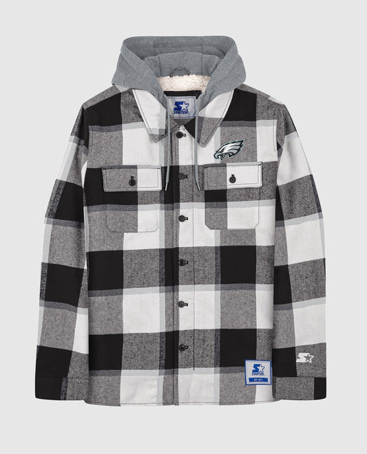Front View of Starter Black Philadelphia Eagles The Big Joe Sherpa Lined Plaid Starter Jacket | STR PHILADELPHIA EAGLES BLACK