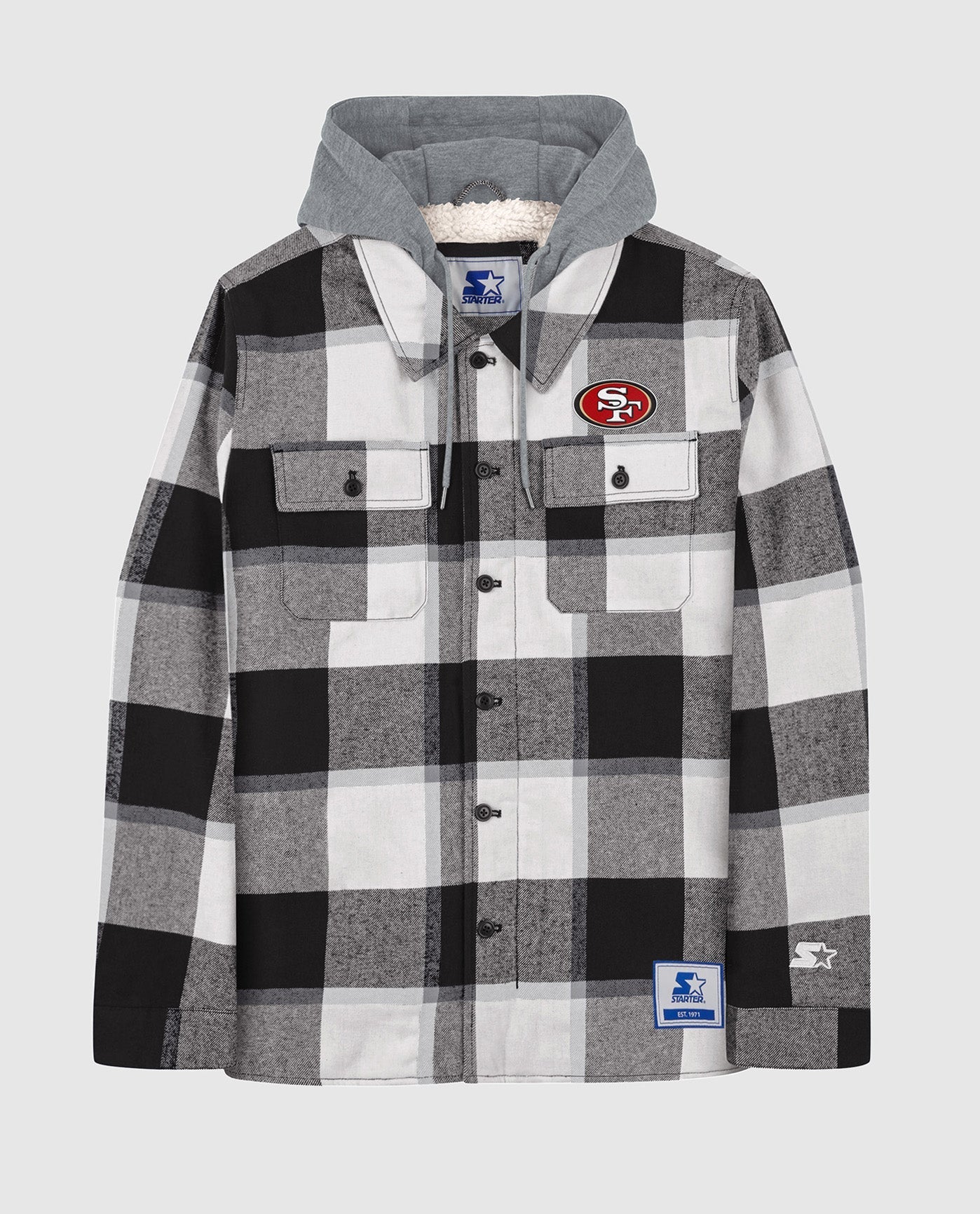 Front View of Starter Black San Francisco 49Ers The Big Joe Sherpa Lined Plaid Starter Jacket | STR SAN FRANCISCO 49ERS BLACK