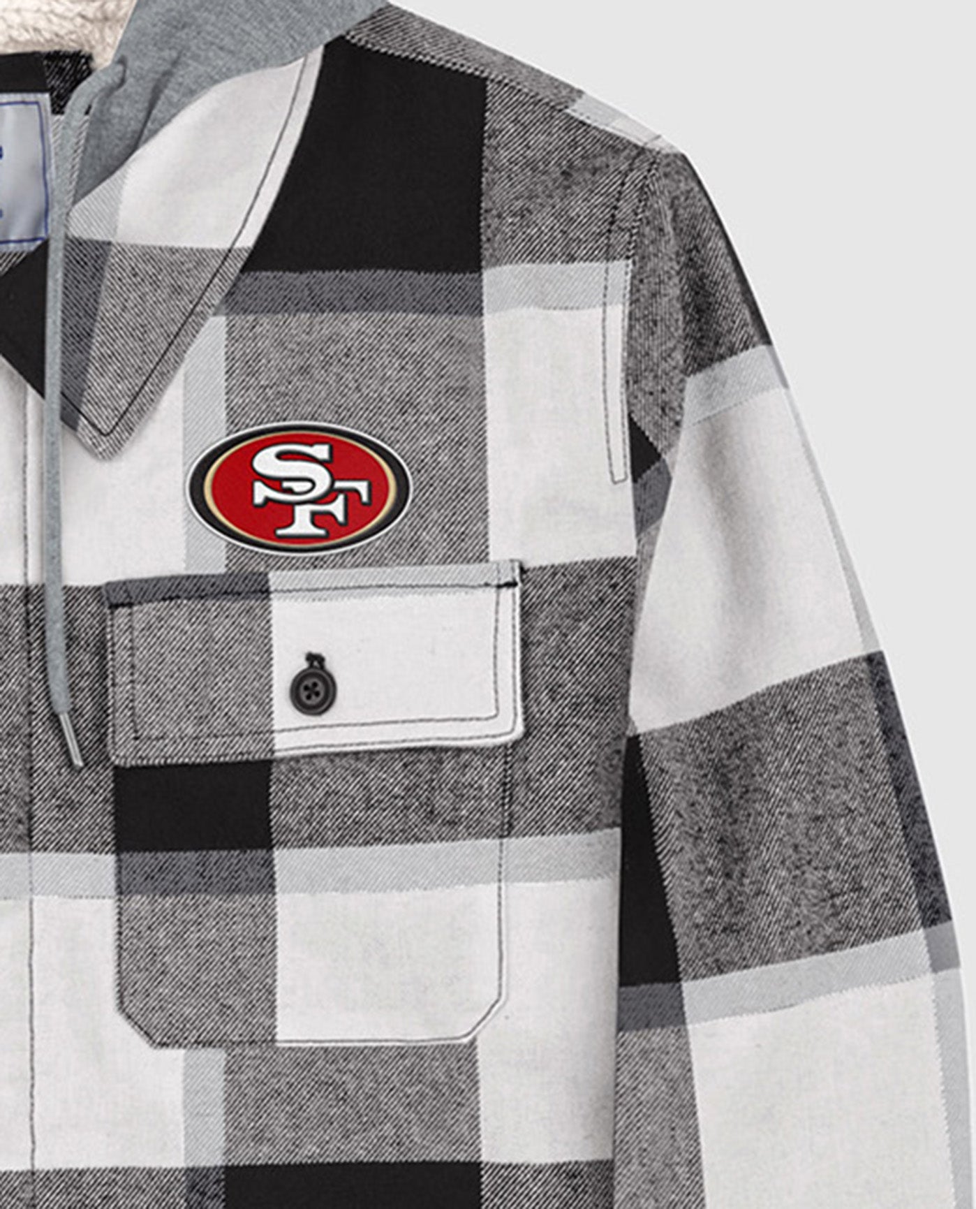 Detail View of Starter Black San Francisco 49Ers The Big Joe Sherpa Lined Plaid Starter Jacket | STR SAN FRANCISCO 49ERS BLACK