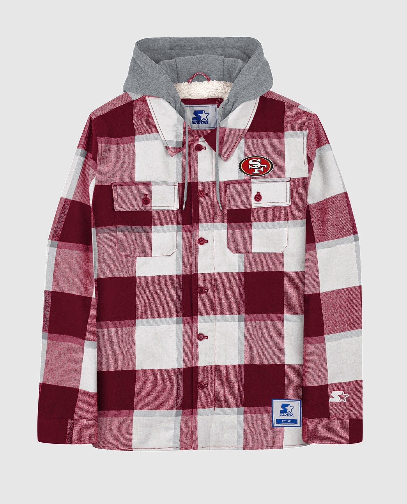 Front View of Starter Red San Francisco 49Ers The Big Joe Sherpa Lined Plaid Starter Jacket | STR SAN FRANCISCO 49ERS RED