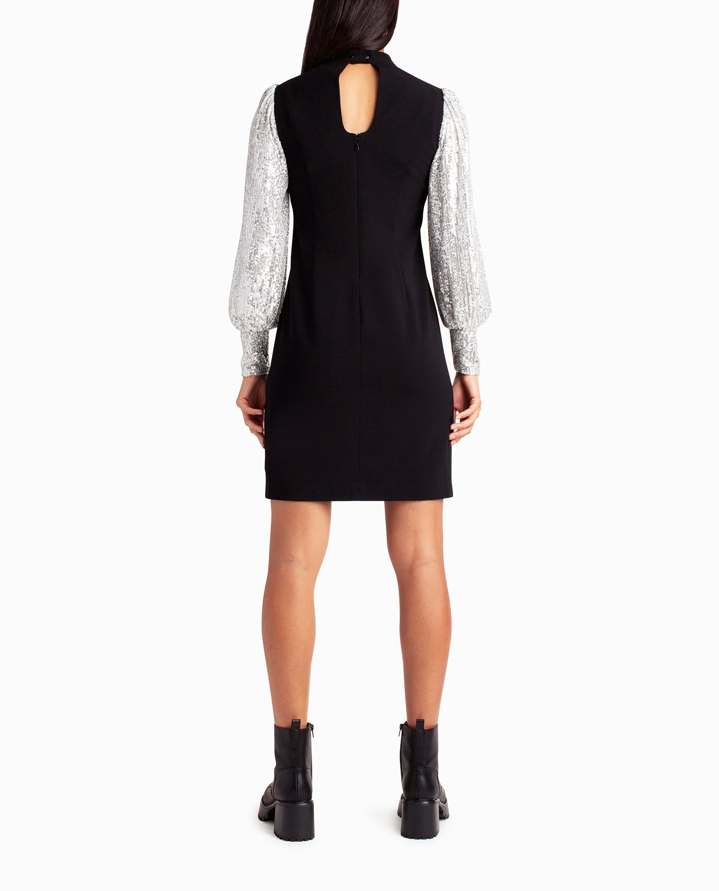 Back View Of Nicole Miller Stretch Crepe Camille Dress | NM VERY BLACK AND SILVER SEQUINS