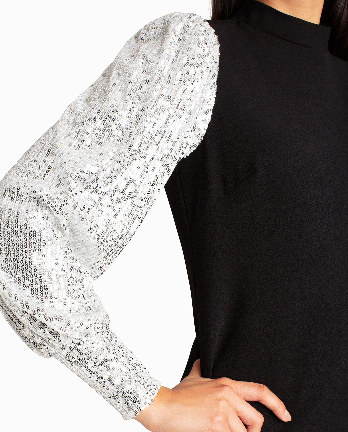 Front Detail View Of Nicole Miller Stretch Crepe Camille Dress | NM VERY BLACK AND SILVER SEQUINS