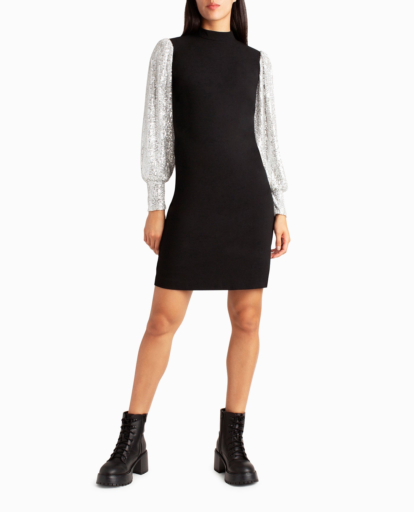 Front View Of Nicole Miller Stretch Crepe Camille Dress | NM VERY BLACK AND SILVER SEQUINS