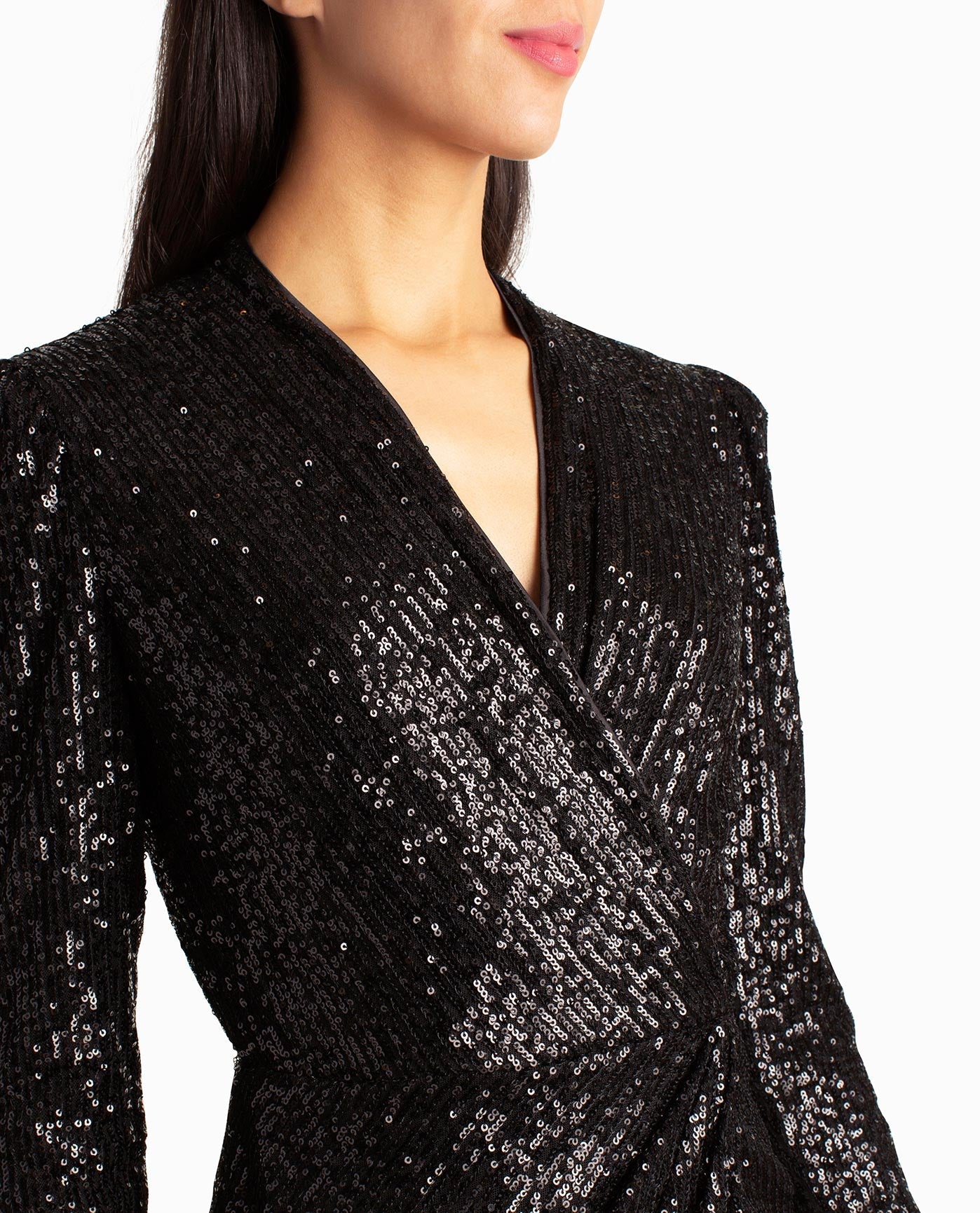 Alternate Front View Of Nicole Miller Sequin Faux Wrap Molly Dress | NM VERY BLACK SEQUINS