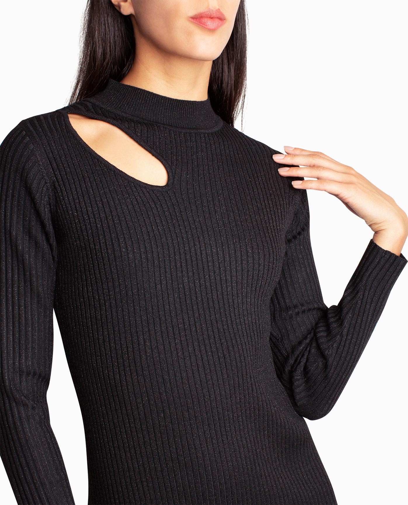 Front Detail View Of Nicole Miller Cut Out Knit Vanessa Dress | NM VERY BLACK