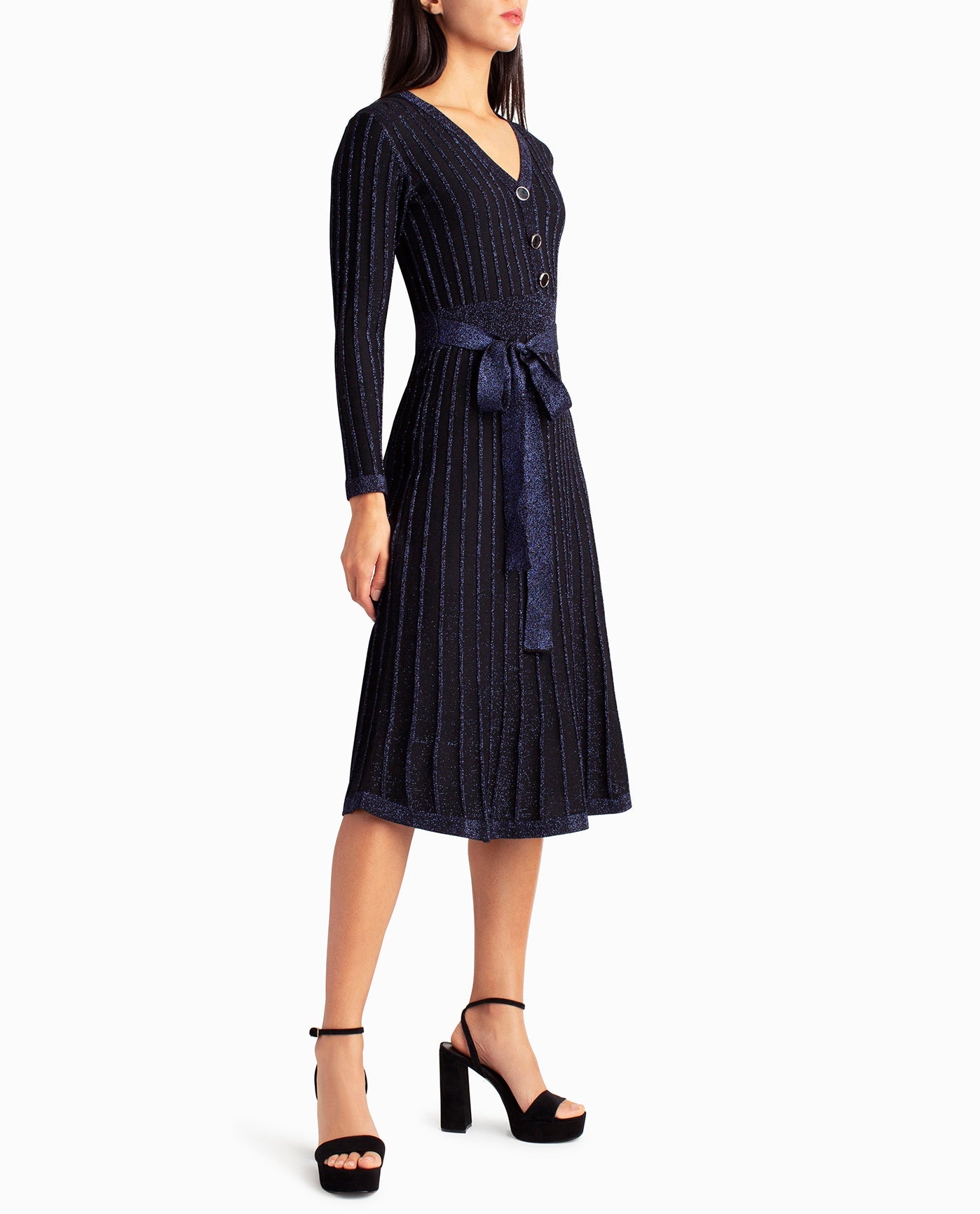 Side View View Of Nicole Miller Knit Fit And Flare Valentina Dress | NM BLUE LUREX
