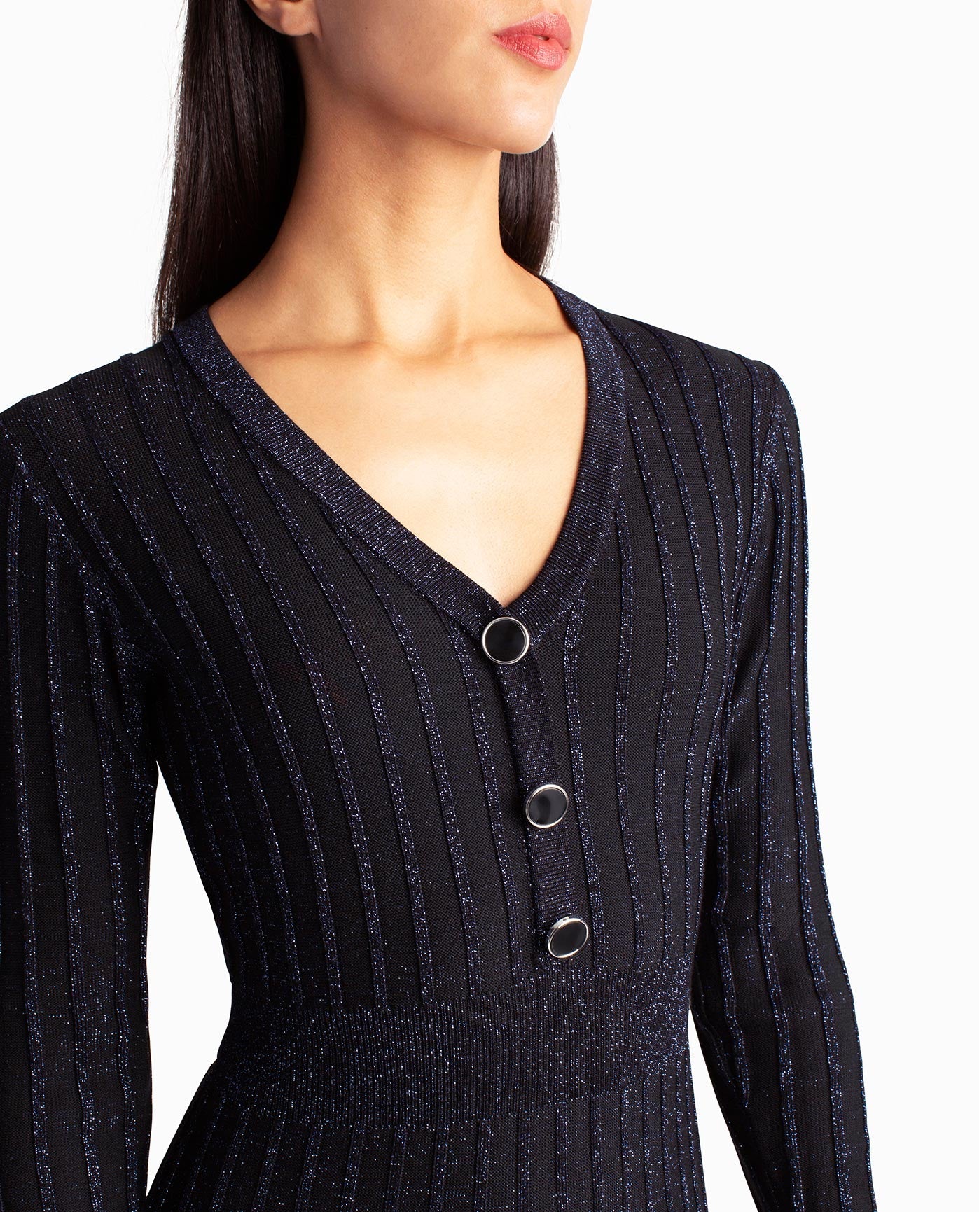 Front Detail View Of Nicole Miller Knit Fit And Flare Valentina Dress | NM BLUE LUREX