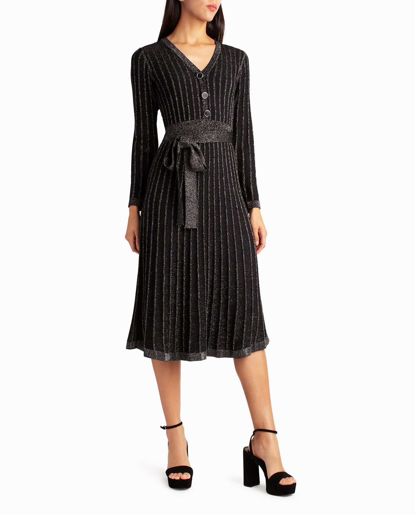 Front View Of Nicole Miller Knit Fit And Flare Valentina Dress | NM VERY BLACK LUREX